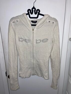 EUC bebe Cream Hooded Zip-Up Sweater with Rhinestone Logo